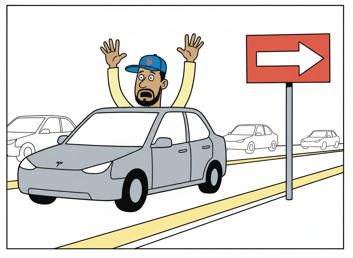 Samir at the wheel of his Tesla, hands raised in alarm, car visibly heading the wrong way down a one-way street.