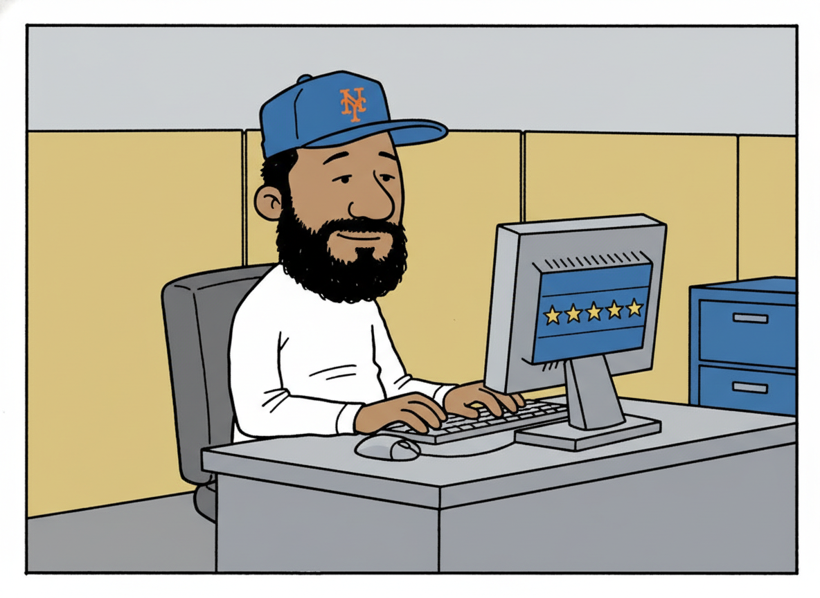 Back at the desk, Samir calmly types a five-star review.